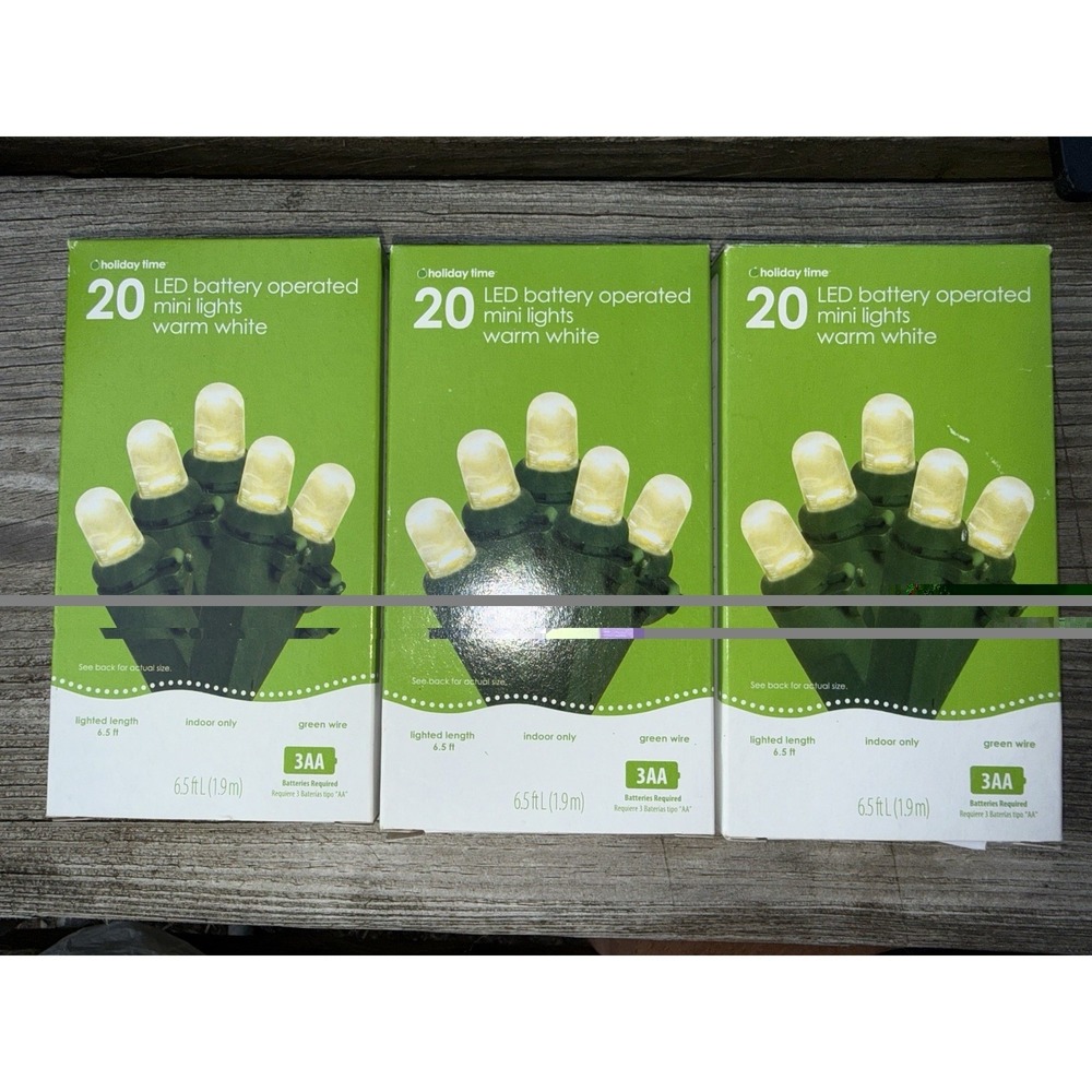 Lot of 3 Holiday Time 20 LED Battery Operated Mini Lights Warm White Green Wire